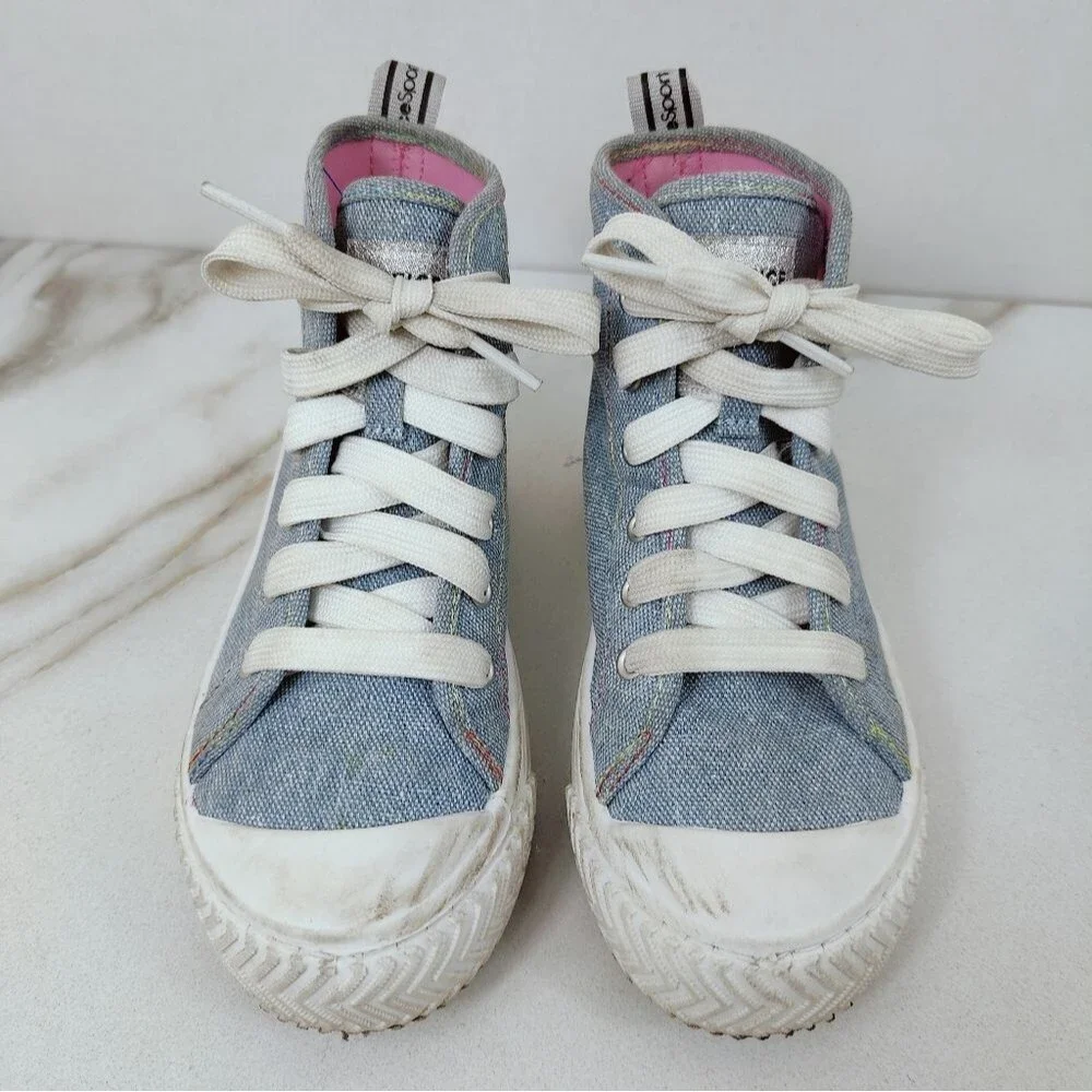 Justice Sport Girls' Sparkly Blue Canvas High Top Platform Sneakers, Sz 2